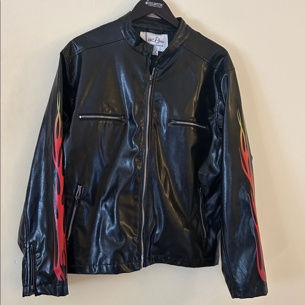 BC Ethic Faux Vegan Leather Moto Motorcycle Jacket Red Flame Sleeves